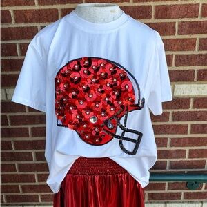 QUEEN OF SPARKLES Red Sequin Helmet Tee
